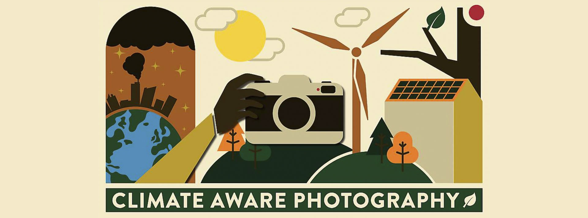 Climate Aware Photography illustration showing a camera, wind turbine, solar panel and trees